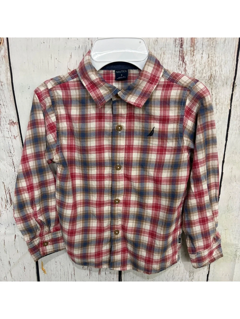 Nautica Boys' Size 5 Red, Blue, and Tan Plaid Long Sleeve Cotton Button-Up Shirt